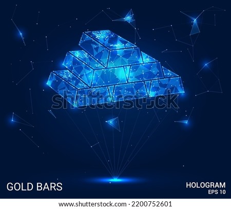 A hologram of gold bars. Gold bars made of polygons, triangles of points and lines. Gold ingots icon low-poly compound structure. Technology concept vector.
