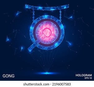 Hologram Gong. Ein Gong aus Polygonen, Dreiecken von Punkten und Linien. Das Gong-Symbol ist eine Struktur mit Low-Poly-Verbindungen. Technologiekonzept, Vektor.