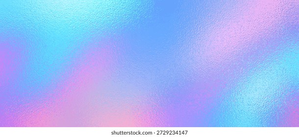 Hologram gradient background. Foil paper iridescent effect. Holographic pearl surface. Y2k glitter bg. Rainbow, aurora, nacre pattern. Gradation blue and pink color, grain effect. Vector illustration