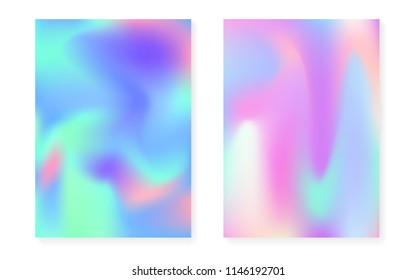 Hologram gradient background set with holographic cover. 90s, 80s retro style. Iridescent graphic template for placard, presentation, banner, brochure. Vibrant minimal hologram gradient.