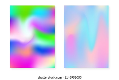 Hologram gradient background set with holographic cover. 90s, 80s retro style. Pearlescent graphic template for flyer, poster, banner, mobile app. Spectrum minimal hologram gradient.