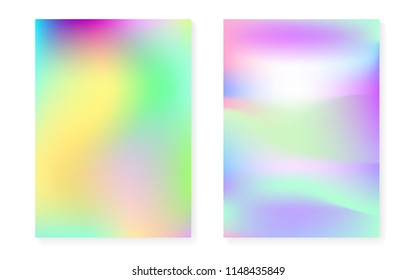 Hologram gradient background set with holographic cover. 90s, 80s retro style. Pearlescent graphic template for book, annual, mobile interface, web app. Multicolor minimal hologram gradient.
