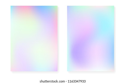 Hologram gradient background set with holographic cover. 90s, 80s retro style. Iridescent graphic template for flyer, poster, banner, mobile app. Bright minimal hologram gradient.