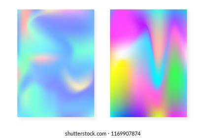 Hologram gradient background set with holographic cover. 90s, 80s retro style. Pearlescent graphic template for book, annual, mobile interface, web app. Retro minimal hologram gradient.