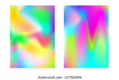 Hologram gradient background set with holographic cover. 90s, 80s retro style. Pearlescent graphic template for brochure, banner, wallpaper, mobile screen. Creative minimal hologram gradient.