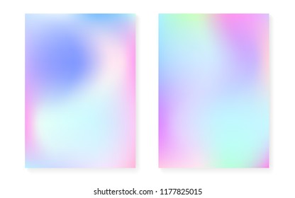 Hologram gradient background set with holographic cover. 90s, 80s retro style. Iridescent graphic template for book, annual, mobile interface, web app. Rainbow minimal hologram gradient.