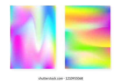 Hologram gradient background set with holographic cover. 90s, 80s retro style. Iridescent graphic template for placard, presentation, banner, brochure. Rainbow minimal hologram gradient.