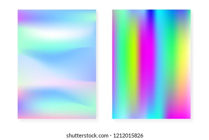Hologram gradient background set with holographic cover. 90s, 80s retro style. Iridescent graphic template for brochure, banner, wallpaper, mobile screen. Retro minimal hologram gradient.