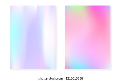 Hologram gradient background set with holographic cover. 90s, 80s retro style. Iridescent graphic template for book, annual, mobile interface, web app. Bright minimal hologram gradient.