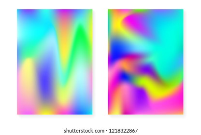Hologram gradient background set with holographic cover. 90s, 80s retro style. Iridescent graphic template for brochure, banner, wallpaper, mobile screen. Neon minimal hologram gradient.