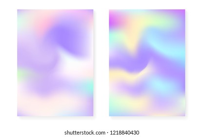 Hologram gradient background set with holographic cover. 90s, 80s retro style. Iridescent graphic template for book, annual, mobile interface, web app. Stylish minimal hologram gradient.