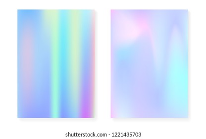Hologram gradient background set with holographic cover. 90s, 80s retro style. Iridescent graphic template for book, annual, mobile interface, web app. Plastic minimal hologram gradient.