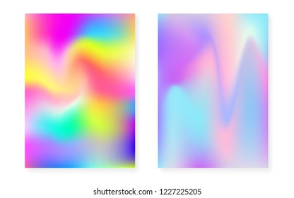 Hologram gradient background set with holographic cover. 90s, 80s retro style. Iridescent graphic template for book, annual, mobile interface, web app. Vibrant minimal hologram gradient.