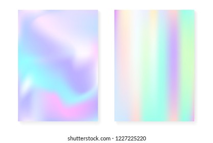 Hologram gradient background set with holographic cover. 90s, 80s retro style. Iridescent graphic template for brochure, banner, wallpaper, mobile screen. Trendy minimal hologram gradient.