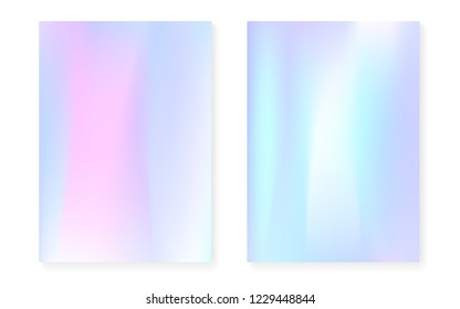 Hologram gradient background set with holographic cover. 90s, 80s retro style. Iridescent graphic template for brochure, banner, wallpaper, mobile screen. Fluorescent minimal hologram gradient.