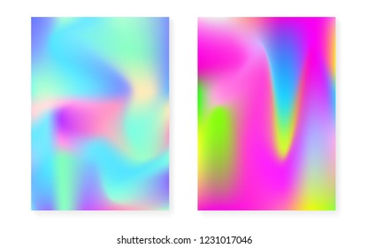 Hologram gradient background set with holographic cover. 90s, 80s retro style. Pearlescent graphic template for brochure, banner, wallpaper, mobile screen. Plastic minimal hologram gradient.