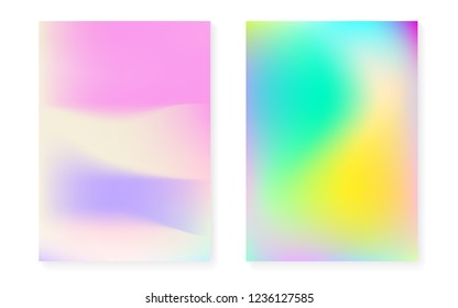 Hologram gradient background set with holographic cover. 90s, 80s retro style. Iridescent graphic template for book, annual, mobile interface, web app. Stylish minimal hologram gradient.