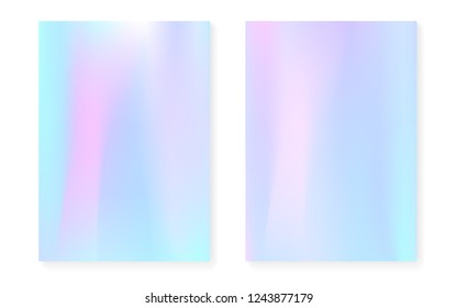 Hologram gradient background set with holographic cover. 90s, 80s retro style. Iridescent graphic template for flyer, poster, banner, mobile app. Rainbow minimal hologram gradient.
