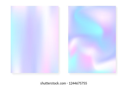 Hologram gradient background set with holographic cover. 90s, 80s retro style. Iridescent graphic template for placard, presentation, banner, brochure. Stylish minimal hologram gradient.