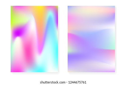 Hologram gradient background set with holographic cover. 90s, 80s retro style. Iridescent graphic template for flyer, poster, banner, mobile app. Colorful minimal hologram gradient.