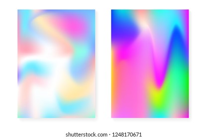 Hologram gradient background set with holographic cover. 90s, 80s retro style. Iridescent graphic template for flyer, poster, banner, mobile app. Futuristic minimal hologram gradient.