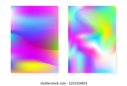Hologram gradient background set with holographic cover. 90s, 80s retro style. Pearlescent graphic template for brochure, banner, wallpaper, mobile screen. Futuristic minimal hologram gradient.