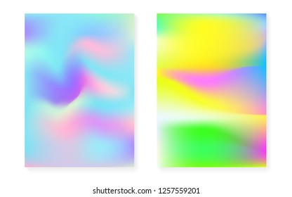 Hologram gradient background set with holographic cover. 90s, 80s retro style. Iridescent graphic template for book, annual, mobile interface, web app. Plastic minimal hologram gradient.