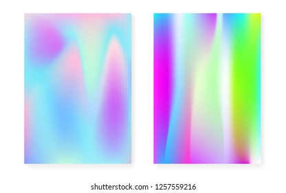 Hologram gradient background set with holographic cover. 90s, 80s retro style. Pearlescent graphic template for placard, presentation, banner, brochure. Hipster minimal hologram gradient.