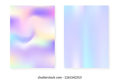 Hologram gradient background set with holographic cover. 90s, 80s retro style. Iridescent graphic template for brochure, banner, wallpaper, mobile screen. Vibrant minimal hologram gradient.