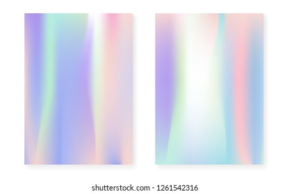 Hologram gradient background set with holographic cover. 90s, 80s retro style. Pearlescent graphic template for brochure, banner, wallpaper, mobile screen. Colorful minimal hologram gradient.