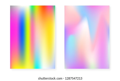 Hologram gradient background set with holographic cover. 90s, 80s retro style. Pearlescent graphic template for flyer, poster, banner, mobile app. Futuristic minimal hologram gradient.