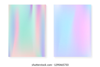 Hologram gradient background set with holographic cover. 90s, 80s retro style. Iridescent graphic template for book, annual, mobile interface, web app. Futuristic minimal hologram gradient.