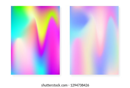 Hologram gradient background set with holographic cover. 90s, 80s retro style. Pearlescent graphic template for flyer, poster, banner, mobile app. Neon minimal hologram gradient.