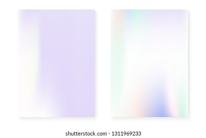 Hologram gradient background set with holographic cover. 90s, 80s retro style. Iridescent graphic template for book, annual, mobile interface, web app. Plastic minimal hologram gradient.