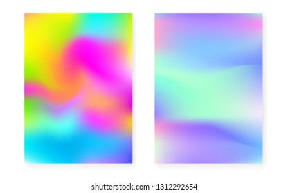 Hologram gradient background set with holographic cover. 90s, 80s retro style. Pearlescent graphic template for placard, presentation, banner, brochure. Multicolor minimal hologram gradient.