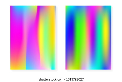 Hologram gradient background set with holographic cover. 90s, 80s retro style. Pearlescent graphic template for placard, presentation, banner, brochure. Vibrant minimal hologram gradient.