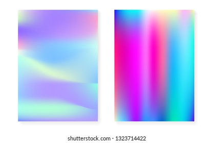 Hologram gradient background set with holographic cover. 90s, 80s retro style. Iridescent graphic template for book, annual, mobile interface, web app. Fluorescent minimal hologram gradient.