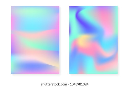 Hologram gradient background set with holographic cover. 90s, 80s retro style. Pearlescent graphic template for book, annual, mobile interface, web app. Trendy minimal hologram gradient.