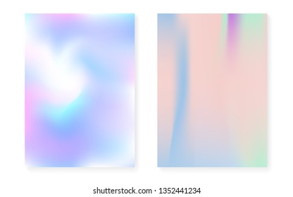 Hologram gradient background set with holographic cover. 90s, 80s retro style. Pearlescent graphic template for brochure, banner, wallpaper, mobile screen. Futuristic minimal hologram gradient.