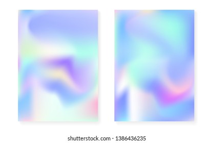 Hologram gradient background set with holographic cover. 90s, 80s retro style. Pearlescent graphic template for flyer, poster, banner, mobile app. Neon minimal hologram gradient.