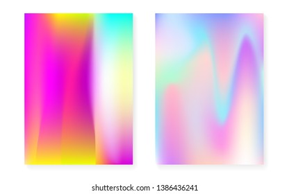 Hologram gradient background set with holographic cover. 90s, 80s retro style. Iridescent graphic template for placard, presentation, banner, brochure. Hipster minimal hologram gradient.