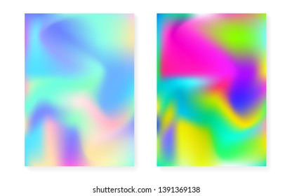 Hologram gradient background set with holographic cover. 90s, 80s retro style. Pearlescent graphic template for brochure, banner, wallpaper, mobile screen. Trendy minimal hologram gradient.