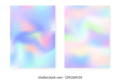 Hologram gradient background set with holographic cover. 90s, 80s retro style. Iridescent graphic template for brochure, banner, wallpaper, mobile screen. Multicolor minimal hologram gradient.