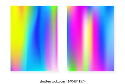 Hologram gradient background set with holographic cover. 90s, 80s retro style. Iridescent graphic template for flyer, poster, banner, mobile app. Retro minimal hologram gradient.