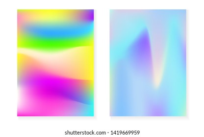 Hologram gradient background set with holographic cover. 90s, 80s retro style. Iridescent graphic template for book, annual, mobile interface, web app. Neon minimal hologram gradient.