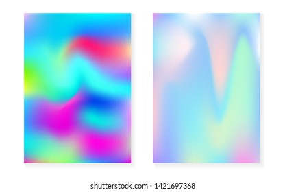 Hologram gradient background set with holographic cover. 90s, 80s retro style. Pearlescent graphic template for flyer, poster, banner, mobile app. Neon minimal hologram gradient.