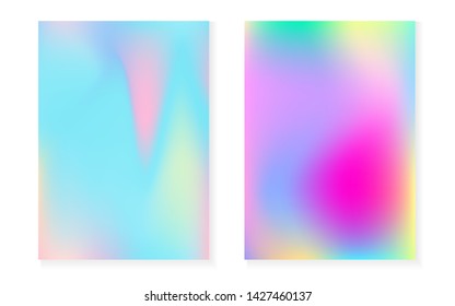 Hologram gradient background set with holographic cover. 90s, 80s retro style. Pearlescent graphic template for flyer, poster, banner, mobile app. Trendy minimal hologram gradient.