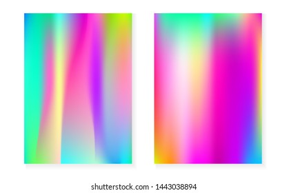 Hologram gradient background set with holographic cover. 90s, 80s retro style. Pearlescent graphic template for placard, presentation, banner, brochure. Vibrant minimal hologram gradient.