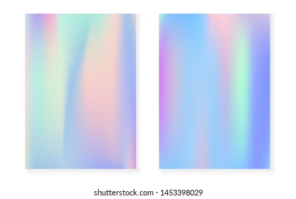 Hologram gradient background set with holographic cover. 90s, 80s retro style. Iridescent graphic template for brochure, banner, wallpaper, mobile screen. Futuristic minimal hologram gradient.