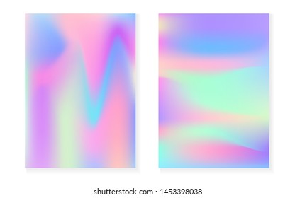 Hologram gradient background set with holographic cover. 90s, 80s retro style. Iridescent graphic template for brochure, banner, wallpaper, mobile screen. Trendy minimal hologram gradient.